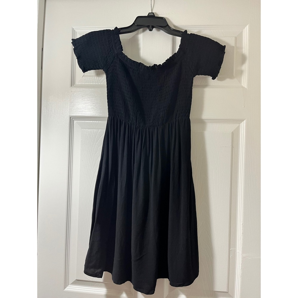 Black Smocked Off Shoulder Mini Dress Short Sleeve Rayon NKD4808CYQ Women XS
